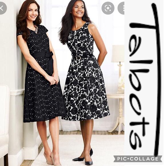 TALBOTS Black Daisy Eyelet Dress with white underneath & ribbon belt size 6 - Picture 1 of 12